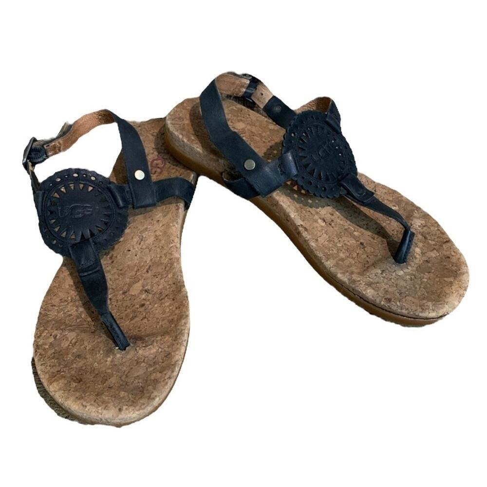 Ugg Ayden II Slingback Sandals Memory Foam Cork Sole Black Leather Size 7